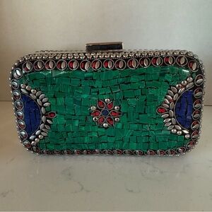 Ramla Green Mosaic Clutch Crossbody – Handcrafted Stone & Silver Detail